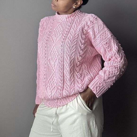 Vintage Express Hand Knitted Sweater Pom Pom Knit Mock Neck Pink Women’s Size M - Picture 2 of 12